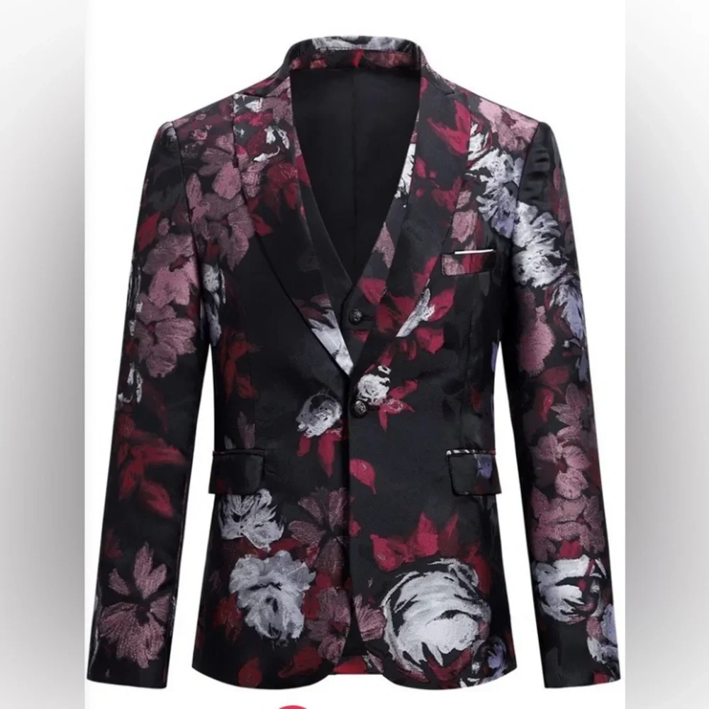 🆕 Cloudstyle Sz S Men’s Red Silver and Black Floral Blazer & Matching Vest - Picture 2 of 8